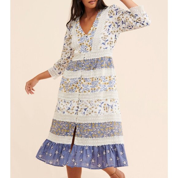 Anthropologie Roberta Midi DressFloral Prairie Boho Cottagecore Blue White 8